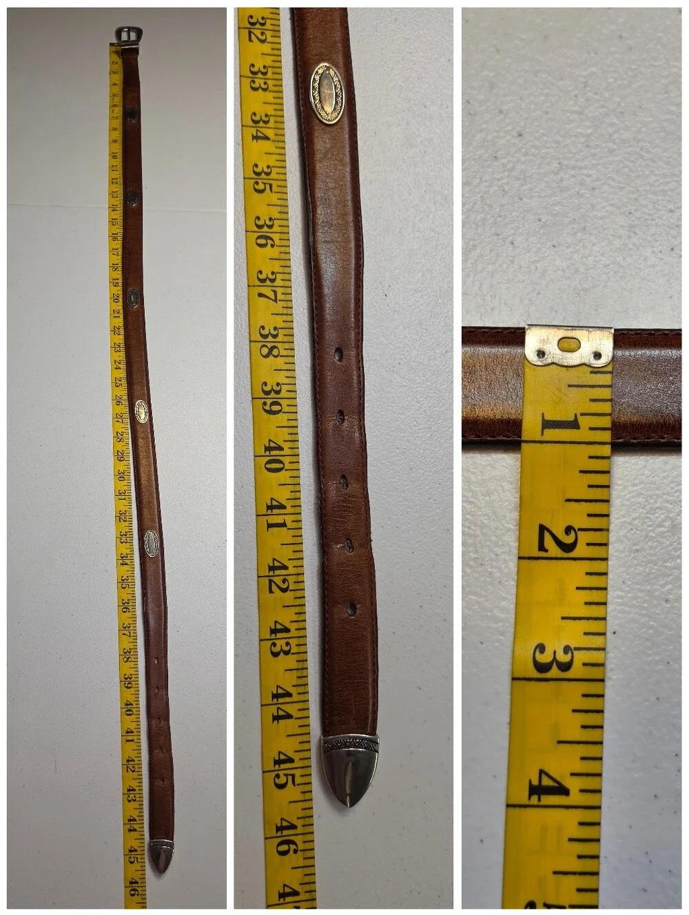Vintage Brown Leather Western Concho Men's Belt with Silver Tone Buckle Aztec
